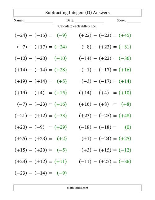 The Subtracting Mixed Integers from -25 to 25 (25 Questions; Large Print; All Parentheses) (D) Math Worksheet Page 2