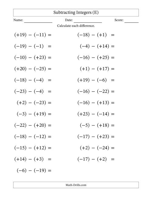 The Subtracting Mixed Integers from -25 to 25 (25 Questions; Large Print; All Parentheses) (E) Math Worksheet