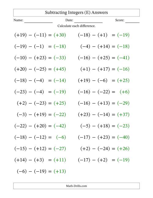 The Subtracting Mixed Integers from -25 to 25 (25 Questions; Large Print; All Parentheses) (E) Math Worksheet Page 2