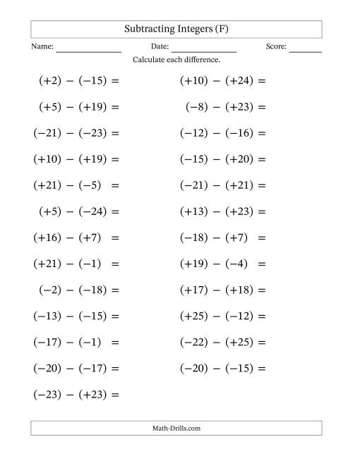 The Subtracting Mixed Integers from -25 to 25 (25 Questions; Large Print; All Parentheses) (F) Math Worksheet