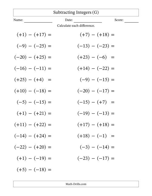 The Subtracting Mixed Integers from -25 to 25 (25 Questions; Large Print; All Parentheses) (G) Math Worksheet