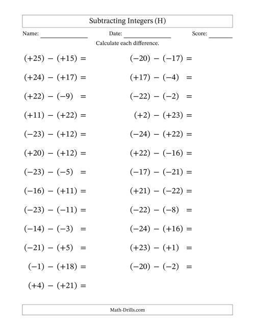 The Subtracting Mixed Integers from -25 to 25 (25 Questions; Large Print; All Parentheses) (H) Math Worksheet