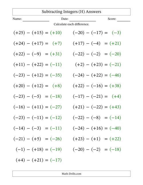 The Subtracting Mixed Integers from -25 to 25 (25 Questions; Large Print; All Parentheses) (H) Math Worksheet Page 2