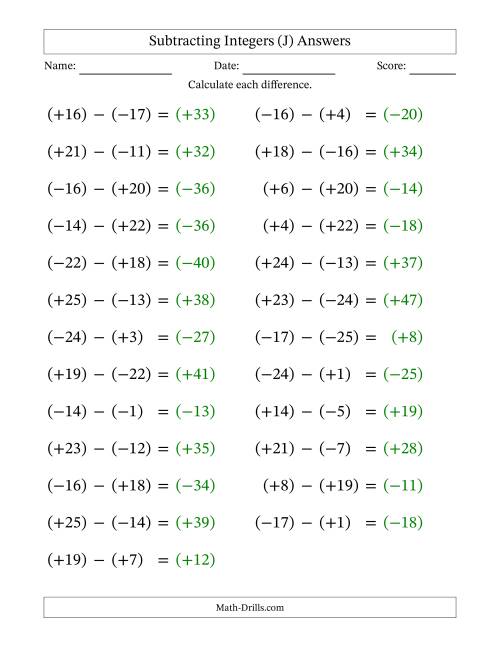 The Subtracting Mixed Integers from -25 to 25 (25 Questions; Large Print; All Parentheses) (J) Math Worksheet Page 2