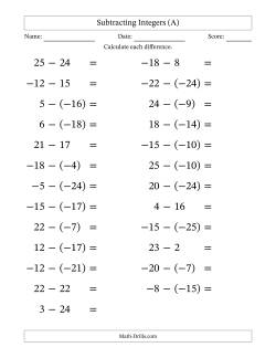 Subtracting Mixed Integers from -25 to 25 (25 Questions; Large Print)