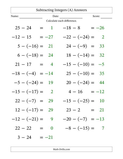The Subtracting Mixed Integers from -25 to 25 (25 Questions; Large Print) (A) Math Worksheet Page 2