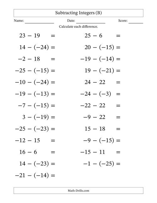The Subtracting Mixed Integers from -25 to 25 (25 Questions; Large Print) (B) Math Worksheet