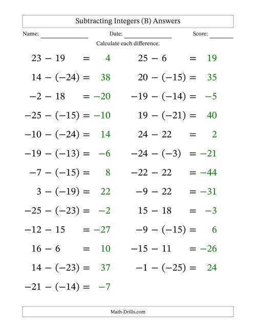 The Subtracting Mixed Integers from -25 to 25 (25 Questions; Large Print) (B) Math Worksheet Page 2