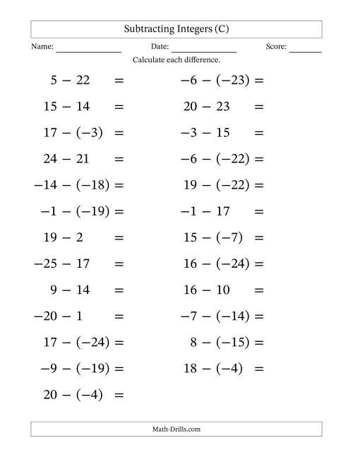 The Subtracting Mixed Integers from -25 to 25 (25 Questions; Large Print) (C) Math Worksheet