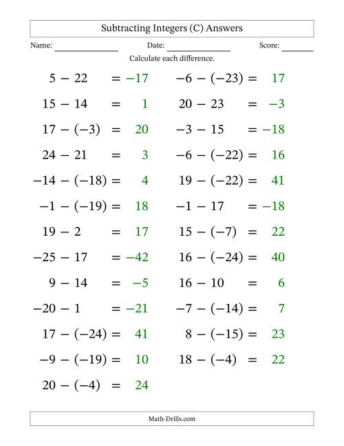 The Subtracting Mixed Integers from -25 to 25 (25 Questions; Large Print) (C) Math Worksheet Page 2