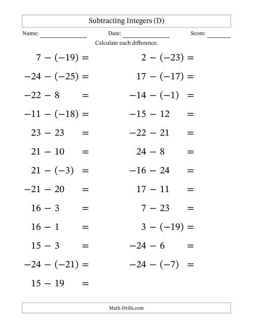 The Subtracting Mixed Integers from -25 to 25 (25 Questions; Large Print) (D) Math Worksheet