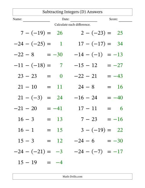The Subtracting Mixed Integers from -25 to 25 (25 Questions; Large Print) (D) Math Worksheet Page 2