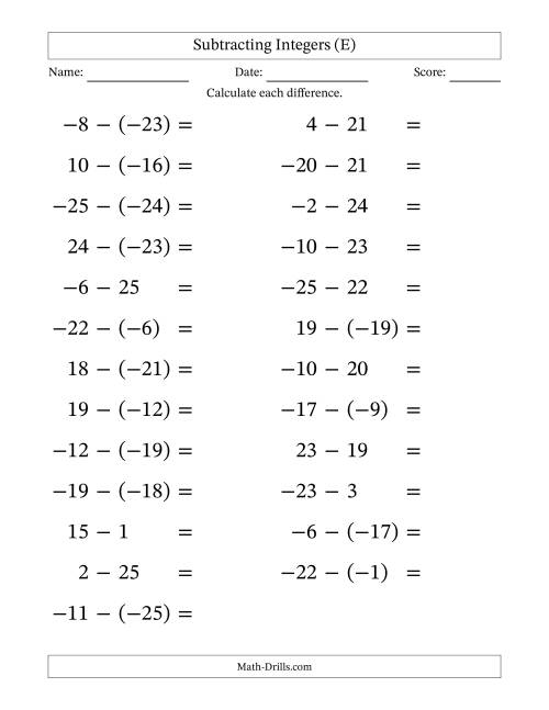 The Subtracting Mixed Integers from -25 to 25 (25 Questions; Large Print) (E) Math Worksheet
