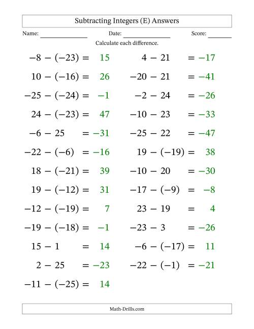 The Subtracting Mixed Integers from -25 to 25 (25 Questions; Large Print) (E) Math Worksheet Page 2