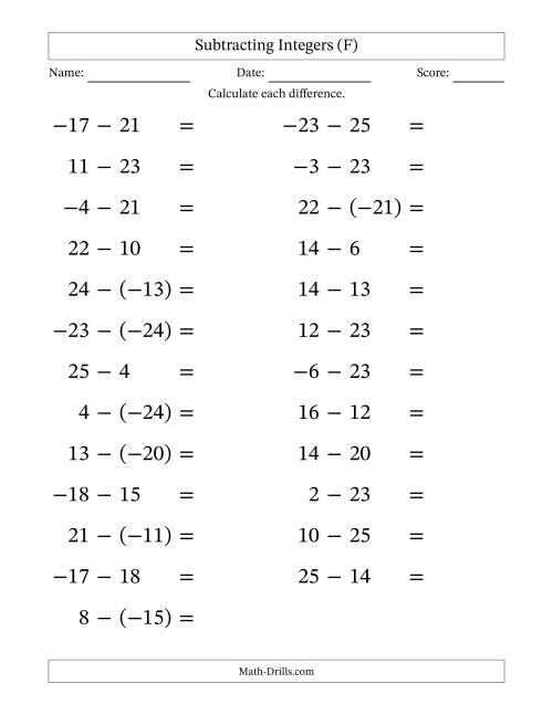 The Subtracting Mixed Integers from -25 to 25 (25 Questions; Large Print) (F) Math Worksheet
