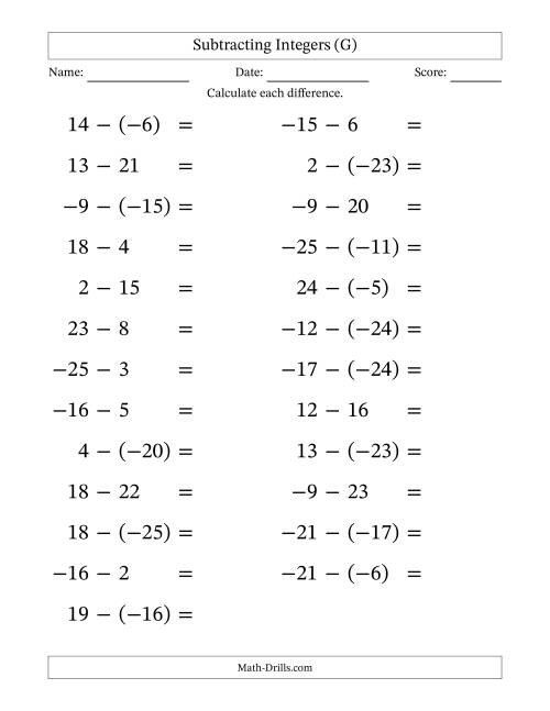 The Subtracting Mixed Integers from -25 to 25 (25 Questions; Large Print) (G) Math Worksheet