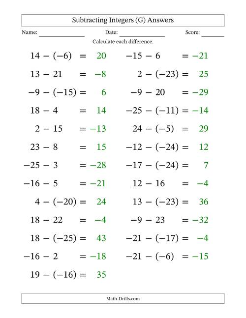 The Subtracting Mixed Integers from -25 to 25 (25 Questions; Large Print) (G) Math Worksheet Page 2