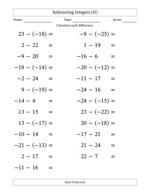 The Subtracting Mixed Integers from -25 to 25 (25 Questions; Large Print) (H) Math Worksheet