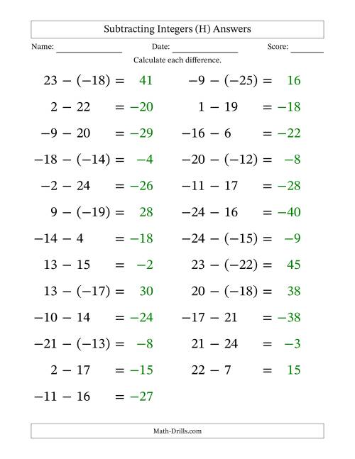 The Subtracting Mixed Integers from -25 to 25 (25 Questions; Large Print) (H) Math Worksheet Page 2