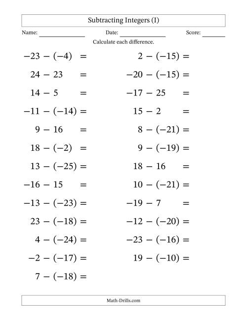 The Subtracting Mixed Integers from -25 to 25 (25 Questions; Large Print) (I) Math Worksheet