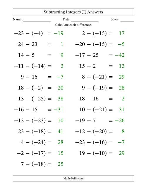 The Subtracting Mixed Integers from -25 to 25 (25 Questions; Large Print) (I) Math Worksheet Page 2
