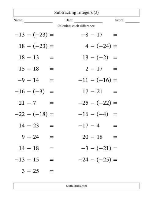 The Subtracting Mixed Integers from -25 to 25 (25 Questions; Large Print) (J) Math Worksheet