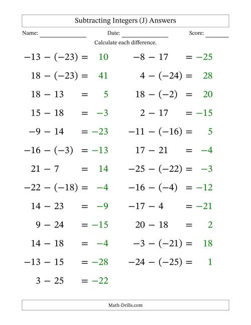 The Subtracting Mixed Integers from -25 to 25 (25 Questions; Large Print) (J) Math Worksheet Page 2
