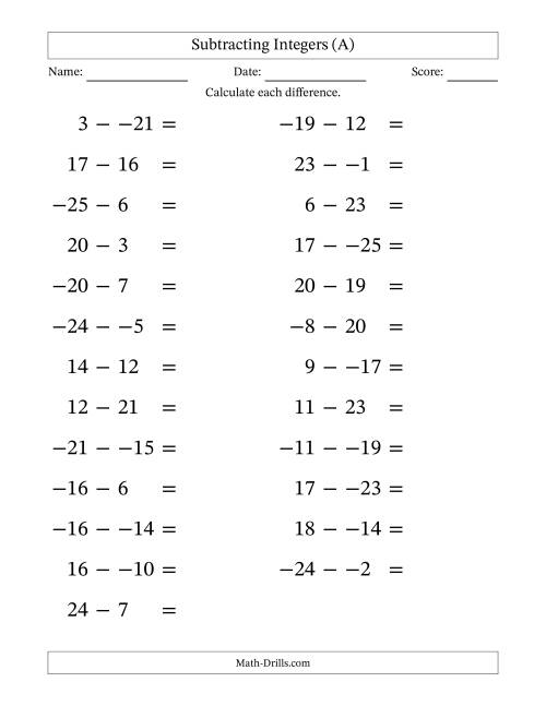 The Subtracting Mixed Integers from -25 to 25 (25 Questions; Large Print; No Parentheses) (A) Math Worksheet