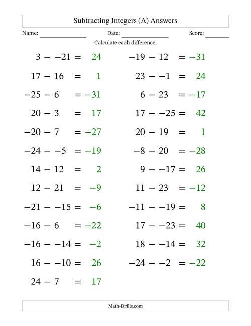 The Subtracting Mixed Integers from -25 to 25 (25 Questions; Large Print; No Parentheses) (A) Math Worksheet Page 2