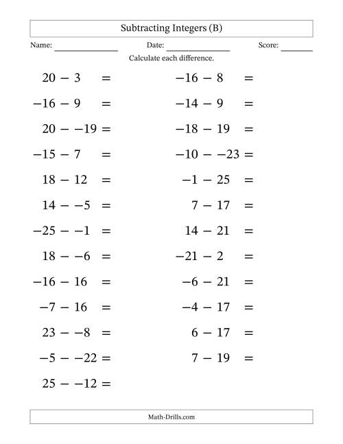The Subtracting Mixed Integers from -25 to 25 (25 Questions; Large Print; No Parentheses) (B) Math Worksheet