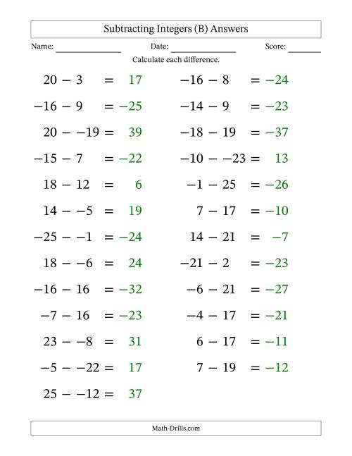 The Subtracting Mixed Integers from -25 to 25 (25 Questions; Large Print; No Parentheses) (B) Math Worksheet Page 2
