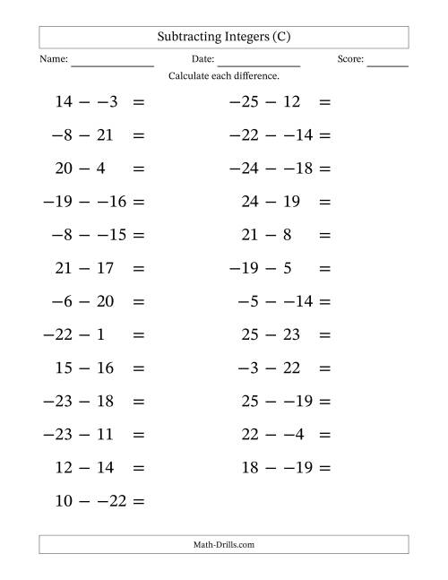 The Subtracting Mixed Integers from -25 to 25 (25 Questions; Large Print; No Parentheses) (C) Math Worksheet