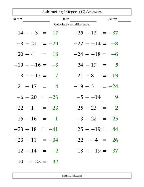 The Subtracting Mixed Integers from -25 to 25 (25 Questions; Large Print; No Parentheses) (C) Math Worksheet Page 2