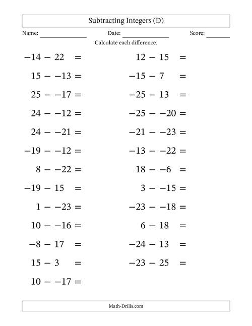 The Subtracting Mixed Integers from -25 to 25 (25 Questions; Large Print; No Parentheses) (D) Math Worksheet