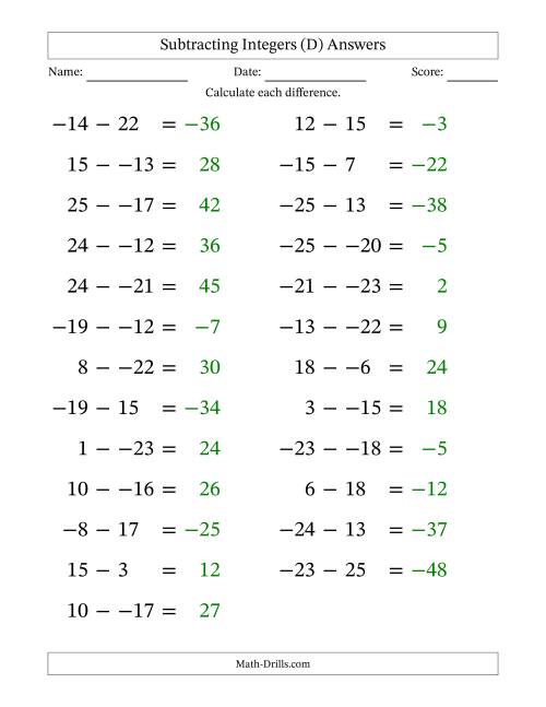 The Subtracting Mixed Integers from -25 to 25 (25 Questions; Large Print; No Parentheses) (D) Math Worksheet Page 2