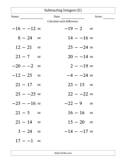 The Subtracting Mixed Integers from -25 to 25 (25 Questions; Large Print; No Parentheses) (E) Math Worksheet