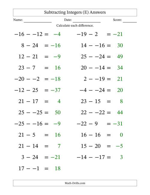 The Subtracting Mixed Integers from -25 to 25 (25 Questions; Large Print; No Parentheses) (E) Math Worksheet Page 2