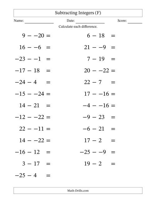 The Subtracting Mixed Integers from -25 to 25 (25 Questions; Large Print; No Parentheses) (F) Math Worksheet