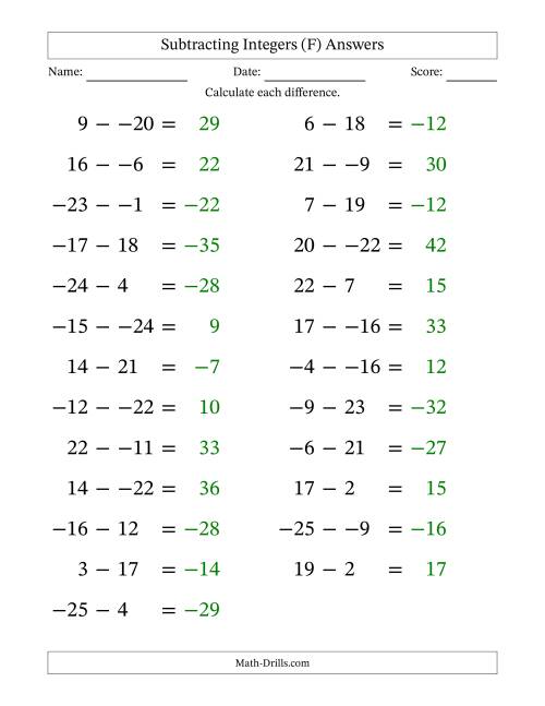The Subtracting Mixed Integers from -25 to 25 (25 Questions; Large Print; No Parentheses) (F) Math Worksheet Page 2