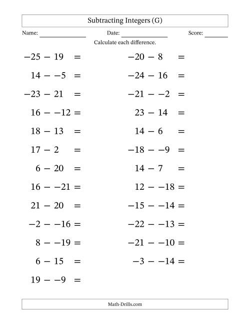The Subtracting Mixed Integers from -25 to 25 (25 Questions; Large Print; No Parentheses) (G) Math Worksheet