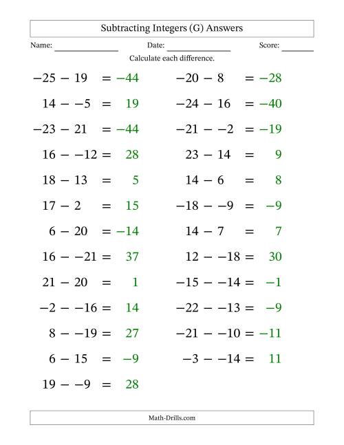 The Subtracting Mixed Integers from -25 to 25 (25 Questions; Large Print; No Parentheses) (G) Math Worksheet Page 2