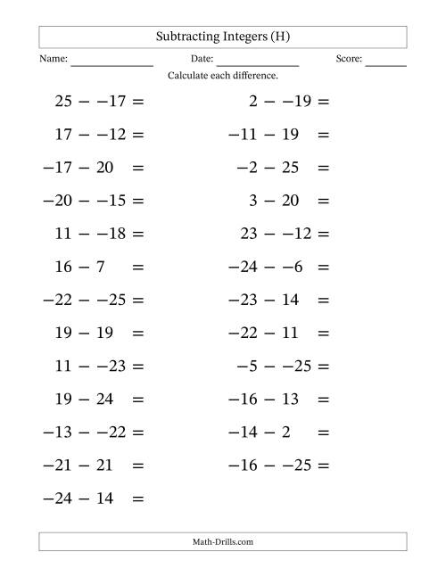 The Subtracting Mixed Integers from -25 to 25 (25 Questions; Large Print; No Parentheses) (H) Math Worksheet