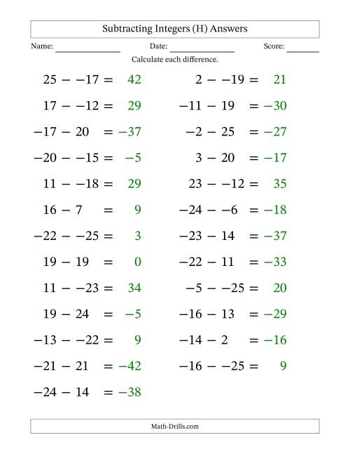 The Subtracting Mixed Integers from -25 to 25 (25 Questions; Large Print; No Parentheses) (H) Math Worksheet Page 2