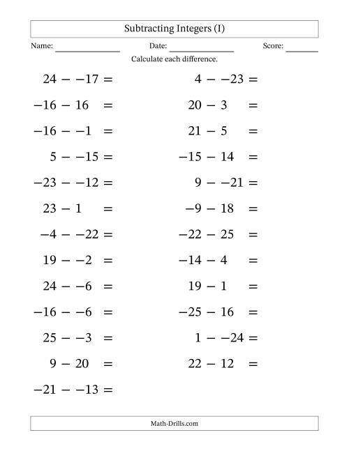 The Subtracting Mixed Integers from -25 to 25 (25 Questions; Large Print; No Parentheses) (I) Math Worksheet