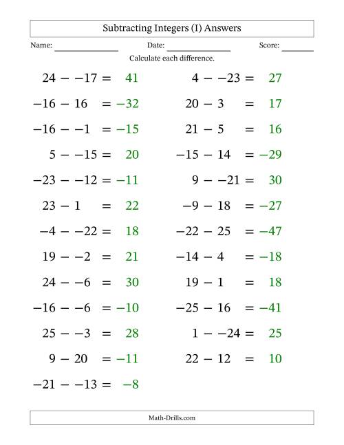 The Subtracting Mixed Integers from -25 to 25 (25 Questions; Large Print; No Parentheses) (I) Math Worksheet Page 2