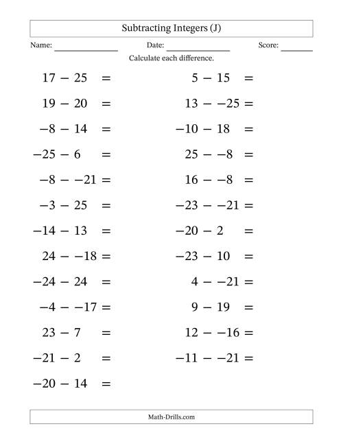 The Subtracting Mixed Integers from -25 to 25 (25 Questions; Large Print; No Parentheses) (J) Math Worksheet