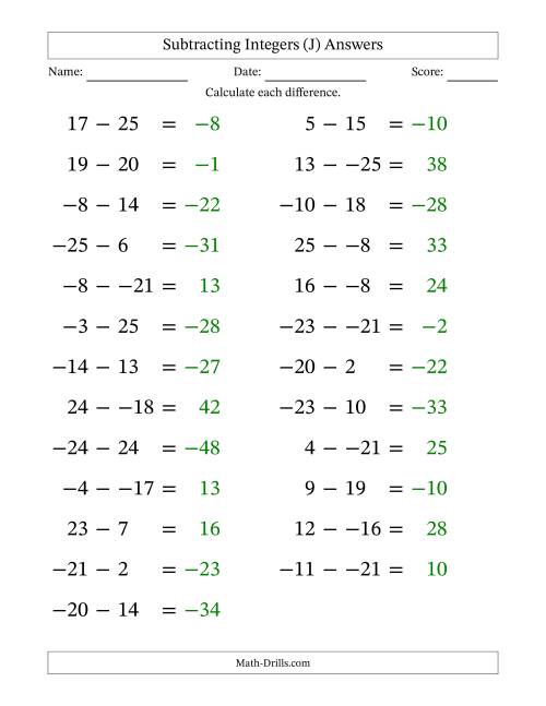 The Subtracting Mixed Integers from -25 to 25 (25 Questions; Large Print; No Parentheses) (J) Math Worksheet Page 2