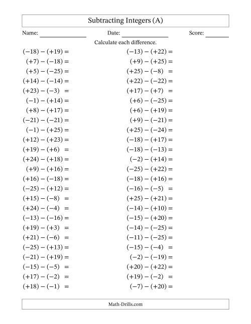 The Subtracting Mixed Integers from -25 to 25 (50 Questions; All Parentheses) (A) Math Worksheet