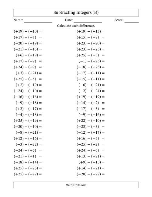 The Subtracting Mixed Integers from -25 to 25 (50 Questions; All Parentheses) (B) Math Worksheet