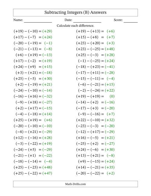 The Subtracting Mixed Integers from -25 to 25 (50 Questions; All Parentheses) (B) Math Worksheet Page 2